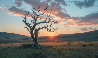 A dead tree at sunset in the backcountry
