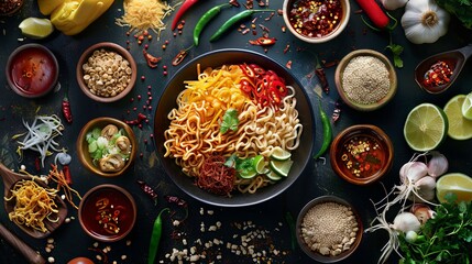 A mouthwatering scene of a bowl of fragrant instant noodles, surrounded by an array of colorful and aromatic ingredients,