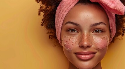 A confident woman gently exfoliating her skin, prioritizing facial care for a smooth and radiant complexion.