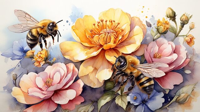 Watercolor illustration of close-up a beautiful bee on a summer flower
