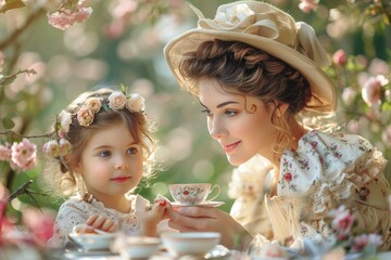 Elegantly dressed mother and daughter enjoy a charming tea party outdoors during spring, surrounded by blossoming flowers and sharing a delightful moment.