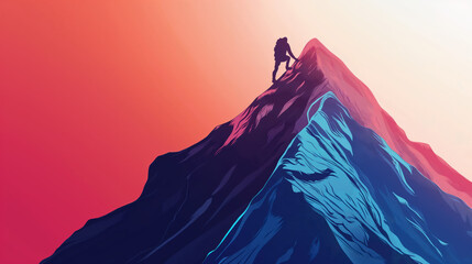 A climber stands victoriously at the summit with a pink and blue gradient, symbolizing the pinnacle of athletic and personal achievement