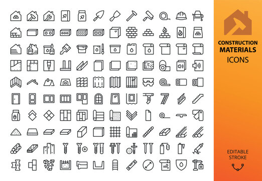 Construction and building materials isolated icons set