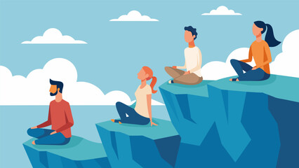 A group of individuals sitting on the edge of a cliff their eyes closed in meditation as they feel the freedom and vastness of the open sky and sea. Vector illustration