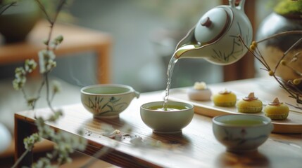 A serene setting of a Korean tea ceremony featuring delicate celadon ware
