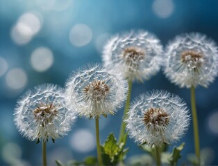 White light dandelions on a blue blurred background with bokeh