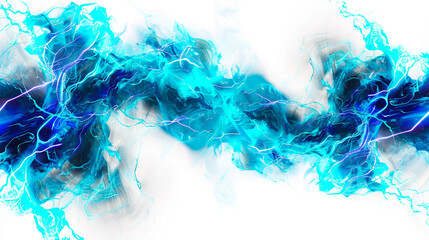 Energetic turquoise neon lightning patterns with vibrant blue wave formations, isolated on a solid white background."