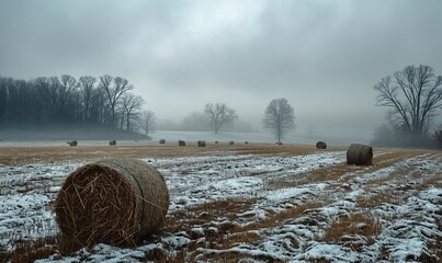 Ohio hay fields in winter with fog and grey skies