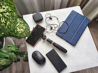 Modern Work Desk With Electronic Devices and Accessories. A set of useful blogger devices