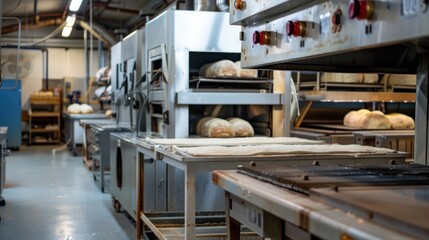 A professional bakery kitchen with industrial bread ovens large dough mixers