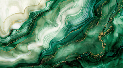 High Resolution Luxurious Marble Texture in Lush Forest Green and Cream Alcohol Ink Waves.