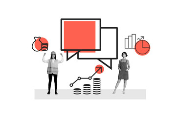 Photo collage trend artwork image of young two lady office manager analyze stats graphics text bubble box cloud workspace interface