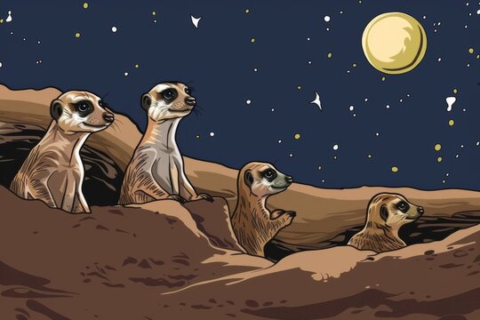 Cartoon cute doodles of a family of meerkats emerging from their burrows to forage for food under the starry night sky, their curiosity, Generative AI
