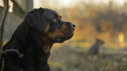 A Rottweiler intently watching a squirrel from a safe distance.