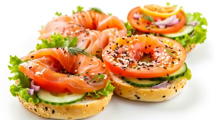 Lox and bagel salad, smoked salmon bagel with cucumber and tomato on white background, healthy eating slice refreshment eating plate