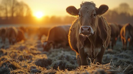 serene cow in the chilly morning light of a frosty field.