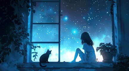 Girl Watching the Night Sky with a Cat