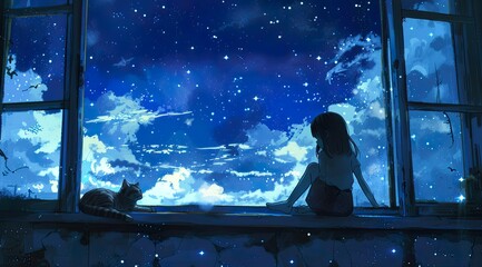 Girl Watching the Night Sky with a Cat