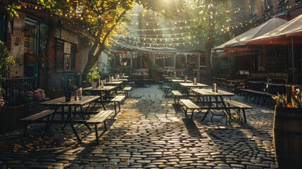 A picturesque view of a beer garden bathed in warm sunlight, with tables set for friends to gather and celebrate Beer Day Britain. - obrazy, fototapety, plakaty