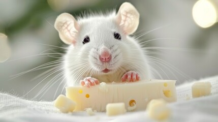 Serenely poised rat amid delectable cheese on a beautifully set kitchen table, inviting exploration