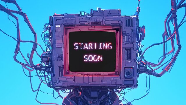Stream starting soon screen, overlay loop, animated virtual backgrounds, Futuristic Cybernetic robot Displaying Glitch Neon 'Starting Soon' Sign Against Blue background