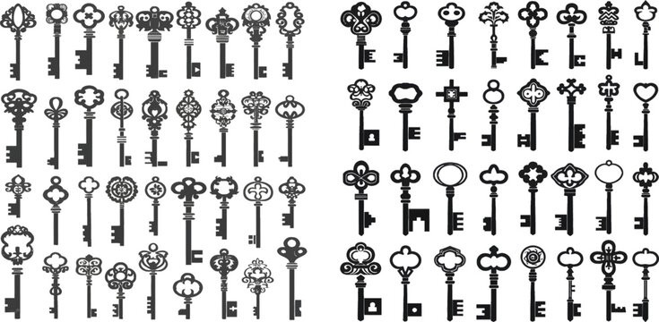 Vector old victorian keys black silhouettes for doors and cars