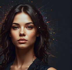 Generative AI picture of beautiful woman fashion model black hairstyle blue eyesCyberpunk woman with colored hair and tattoos background wallpaper ai generated imageAI controls smart city via internet