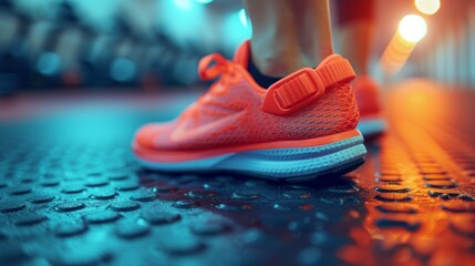 Vibrant orange running shoes ready for a workout on a gym floor