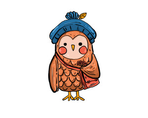 Cute bird travel suit character cartoon color hand drawn Flat vector illustration icon.