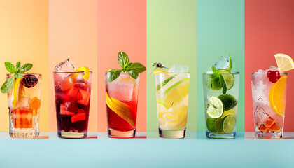 Fototapeta premium Collage of cold summer cocktails on color background
