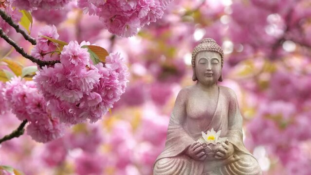 buddha statue in cherry blossom in spring garden, wafting branches in slow motion wind with sunbeam lighting, beautiful pink idyllic nature scene background with asian spirit