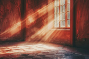 Fototapeta premium Vintage salmon room illuminated by subtle sun rays, enhancing warmth and vintage elegance.