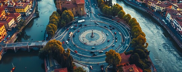 Aerial view of vehicles driving the roundabout along the Arno river in Piazza Ravenna, Florence, Tuscany, Italy.