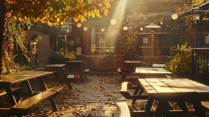 A picturesque view of a beer garden bathed in warm sunlight, with tables set for friends to gather and celebrate Beer Day Britain. - obrazy, fototapety, plakaty