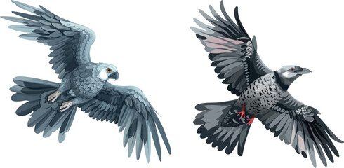 Dangerous bird. Cartoon beautiful flying hunting animal of sky, grey exotic character of ornithology