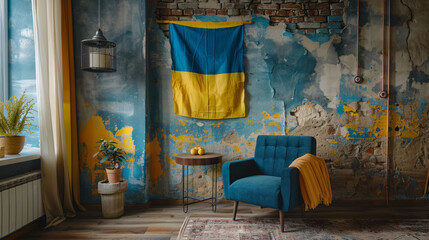 Interior of stylish living room with hanging Ukrainian flag 