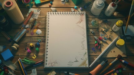 A picturesque view of a blank notebook surrounded by scattered art supplies, inviting the viewer to unleash their creativity and ideas on National Creativity Day.
