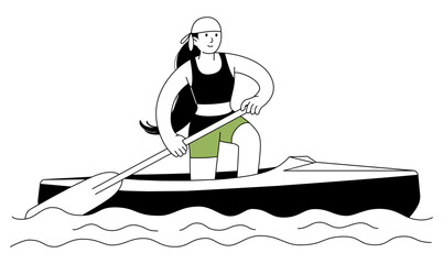 Sports female athlete trains on kayak outline icon. In pose with support on one knee, she paddles. Canoe training. Rowing sprint. Character for sports standings, web, mascot. Vector line illustration.