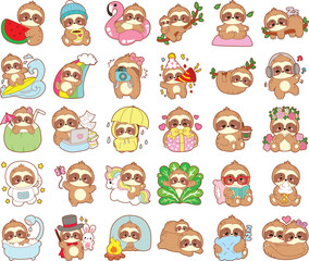 Twitch emote cute sloth vector icon. Funny baby sloth animal series stock illustration. Slow life of fluffy sloth designs.