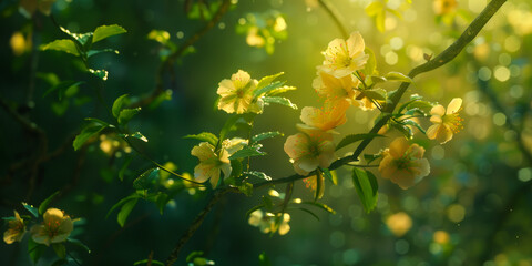 Ethereal yellow flowers on branches, bathed in soft golden light, creating a tranquil, shimmering atmosphere.
