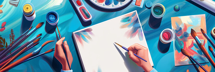 Close-up view of hands skillfully drawing on a canvas, surrounded by vibrant art supplies, depicting the artistic creation process