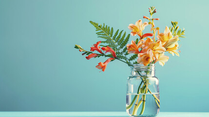 Jar with freesia flowers and fern leaves on table 