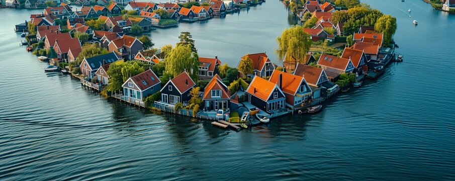 Aerial view of houses on the water, Scheendijk, Netherlands.