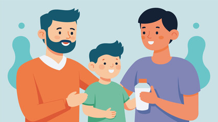 Fototapeta premium Two dads with their young son are featured in a campaign for a genderneutral childrens skincare line promoting inclusivity from a young age..