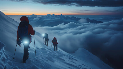 Group of climbers walking up and down a snowy, These climbers were wearing various outdoor clothing, holding trekking poles and headlamps. 