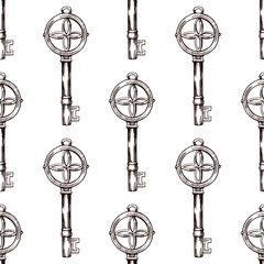 Hand-drawn seamless pattern of vintage decorative keys sketches with intricate forging. Ink and pen drawing illustration, keys on white background.