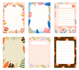 Hand drawn nature paper notes set with leaves and flowers
