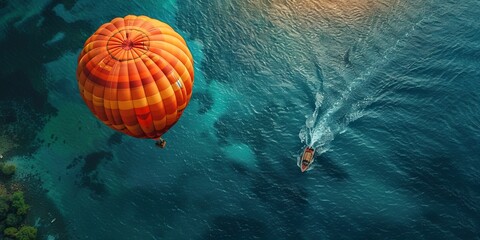 Obraz premium Aerial view of a balloon and a boat