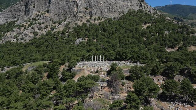 Ruins of Athena Temple in Destroyed Ancient City of Priene in Spring Day, Aydin - Turkey