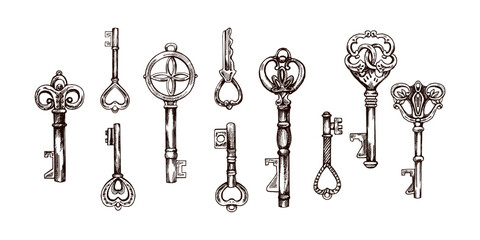 Hand-drawn set of vintage decorative keys sketches with intricate forging. Ink and pen drawing illustration, keys on white background.